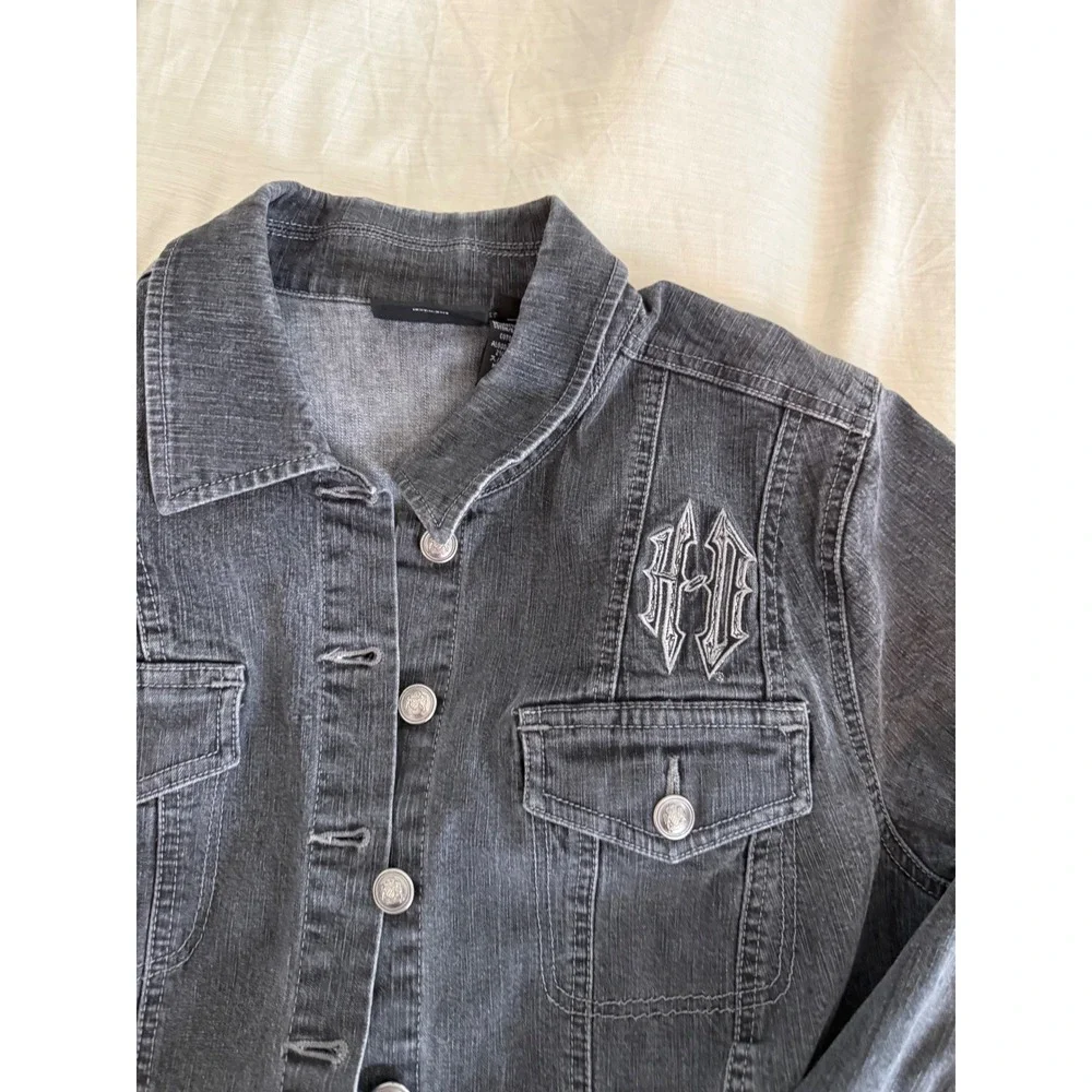 Harley Davidson‎ Y2K Women's Gray Denim Jacket Embroidered Wings & Logo Size 1W